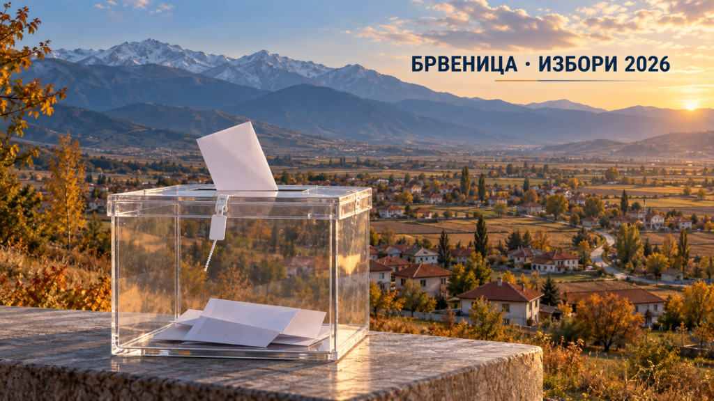 Изборна илустрација: гласачка кутија и предел инспириран од Општина Брвеница