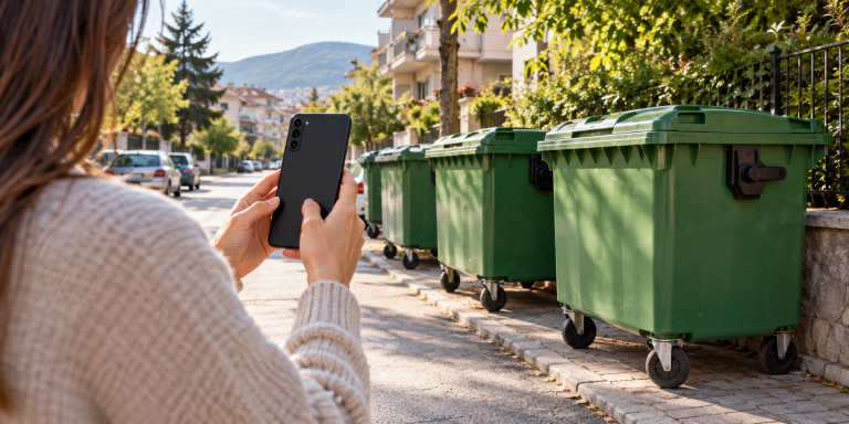 Илустрација: контејнери за отпад и мобилен телефон